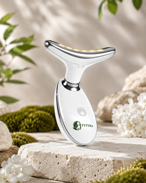 The Fytyra Sculpting Device in White on travertine among moss and white blossom